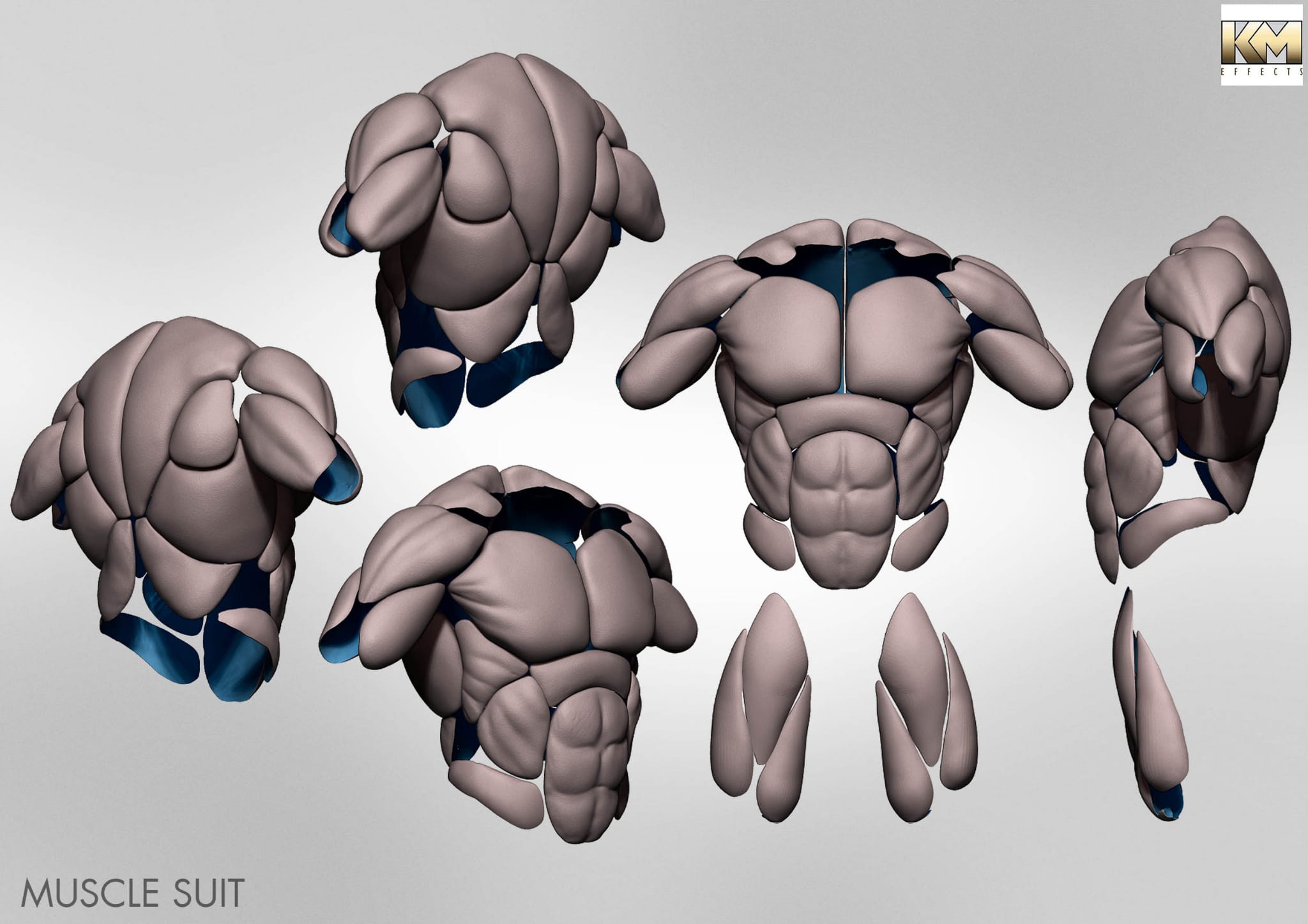 A digital rendering displays a segmented, sculpted muscle suit from multiple angles, created using 3D scanning and 3D printing, with defined chest, abdominal, and arm muscles in light gray material with blue interior sections.