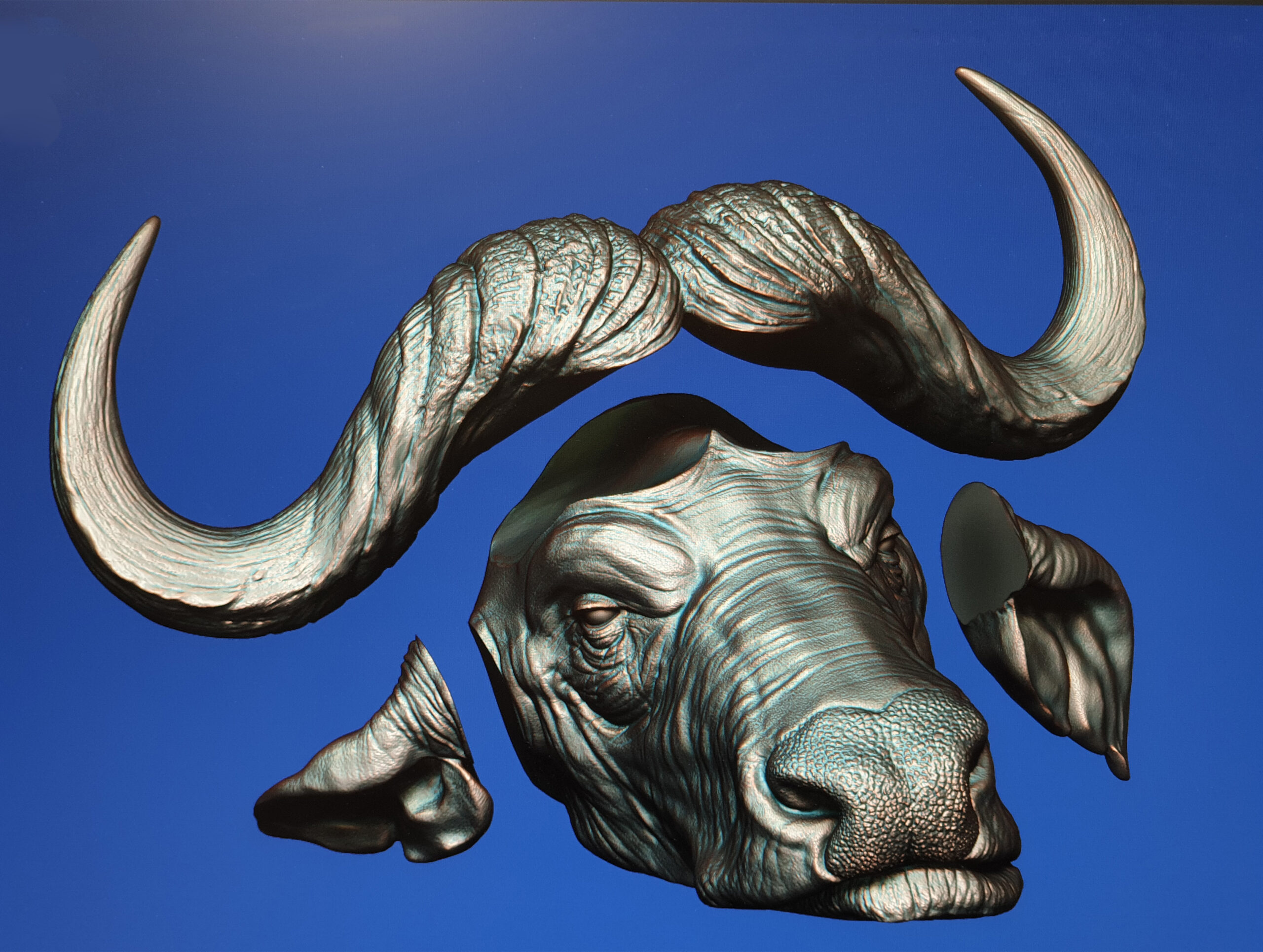 A stylized metallic buffalo head with large curved horns is depicted against a blue background. Featuring 3D scanning and 3D printing techniques, the fragmented ears and neck float around the head for a surreal, contemporary effect.