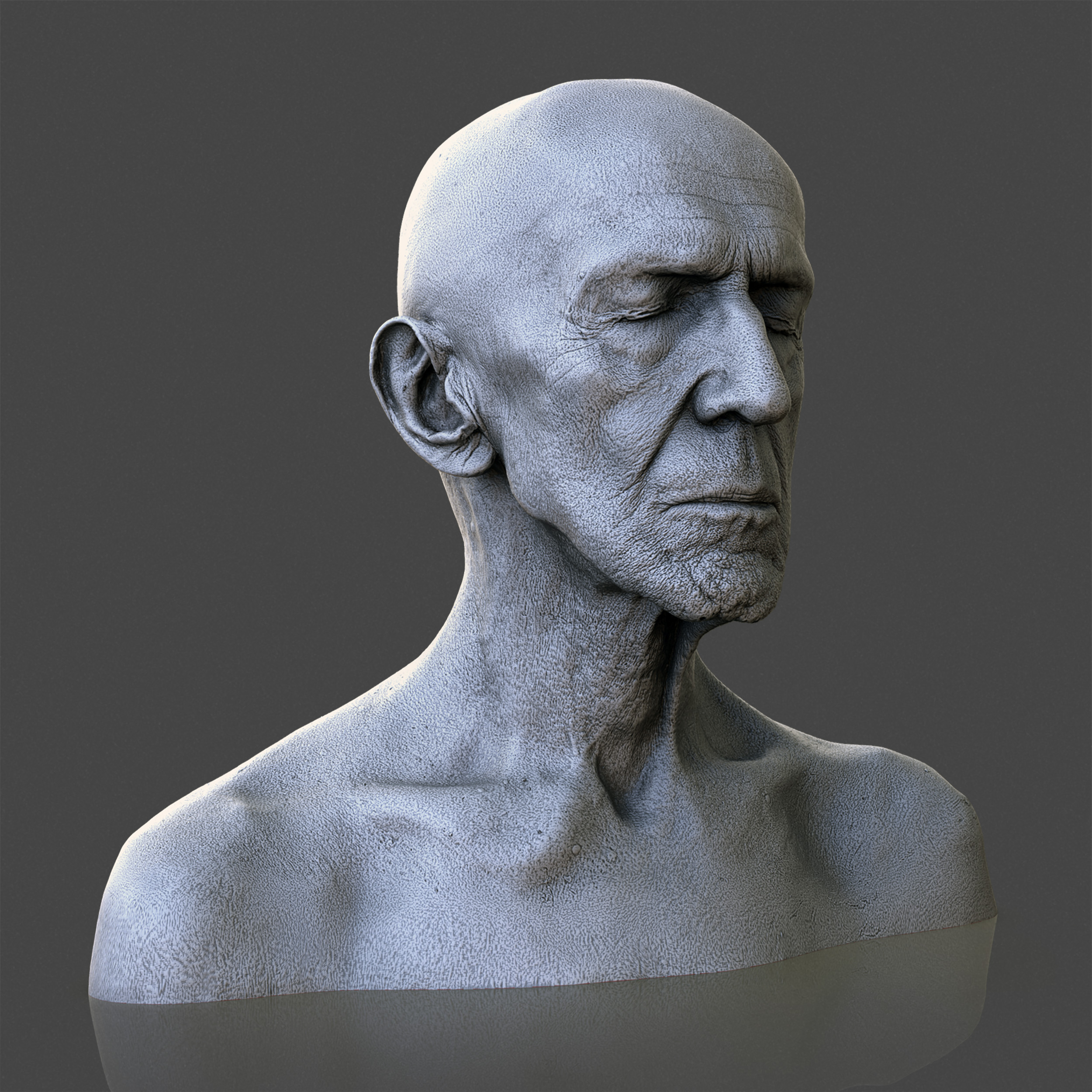 A realistic 3D-rendered bust of an elderly man with closed eyes, detailed skin texture, and no visible clothing, created using 3D scanning techniques, set against a plain dark background.