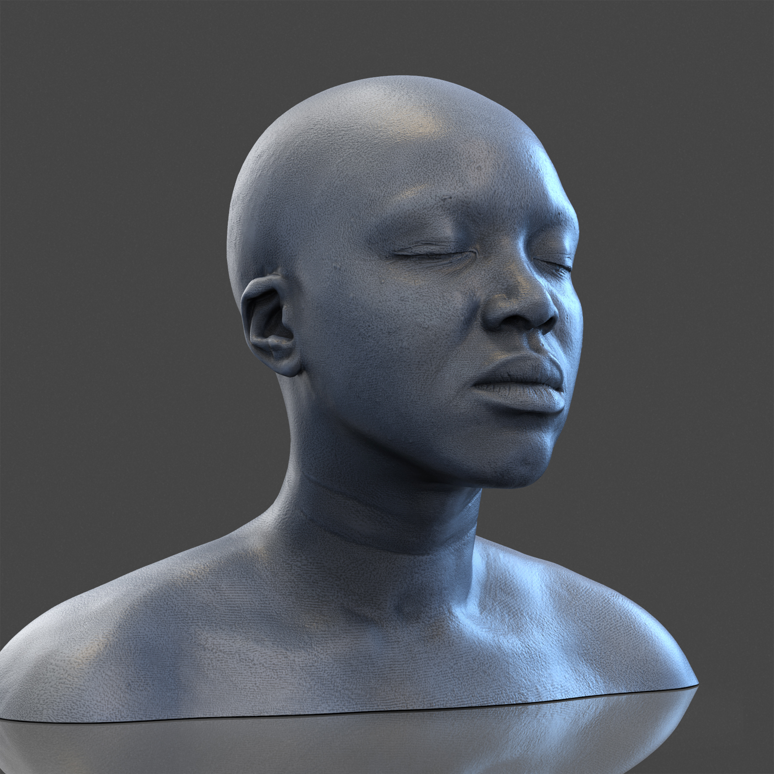 A realistic 3D-rendered bust of a person with closed eyes and a calm expression, featuring smooth, bluish-gray skin tones—ideal for 3D scanning or 3D printing—set against a plain dark background.