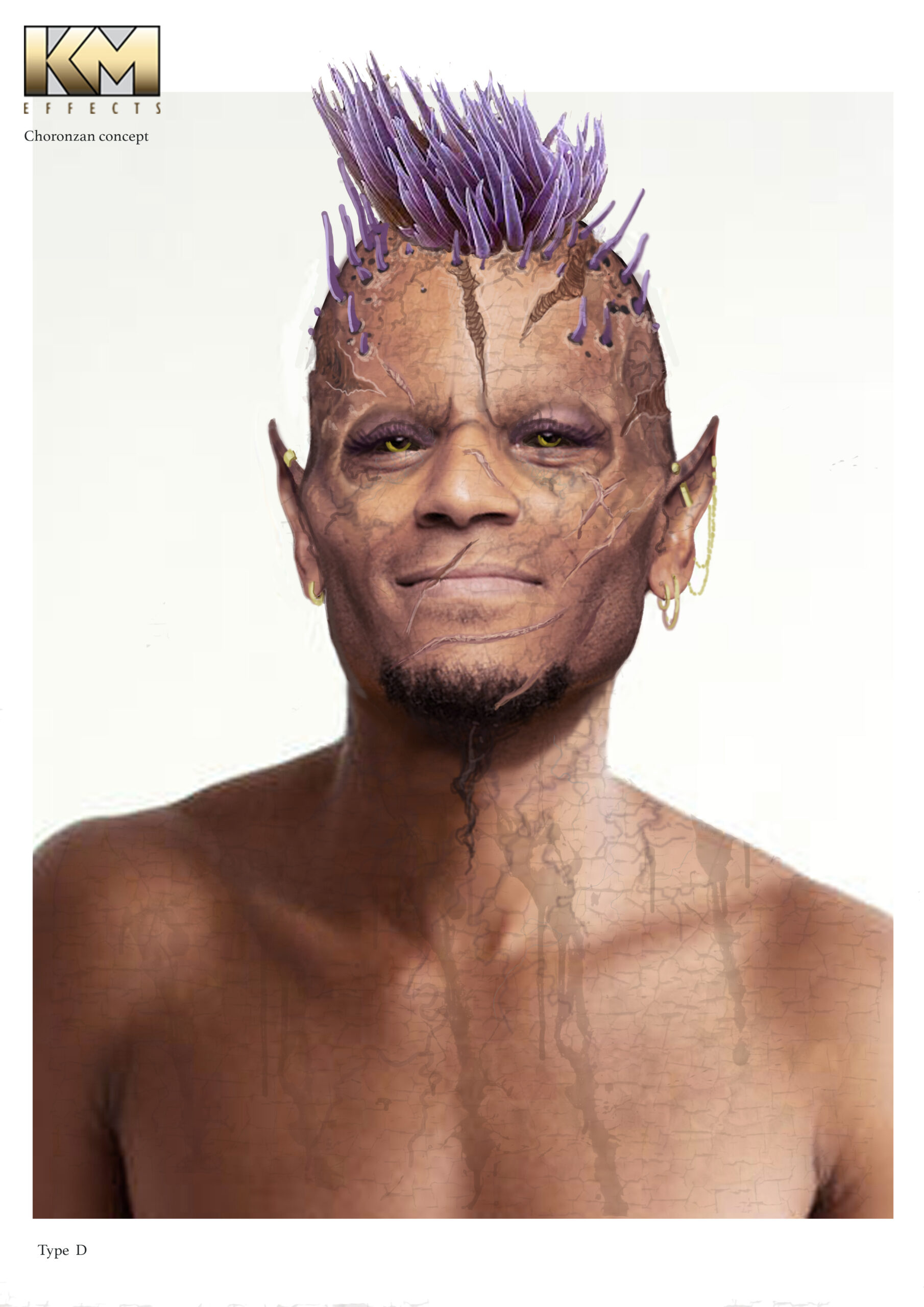 A concept design featuring a person with purple spiked hair, pointed ears, golden hoop earrings, and cracked, textured skin for a fantasy or sci-fi look. The background is plain white with a KM Effects logo in the corner.