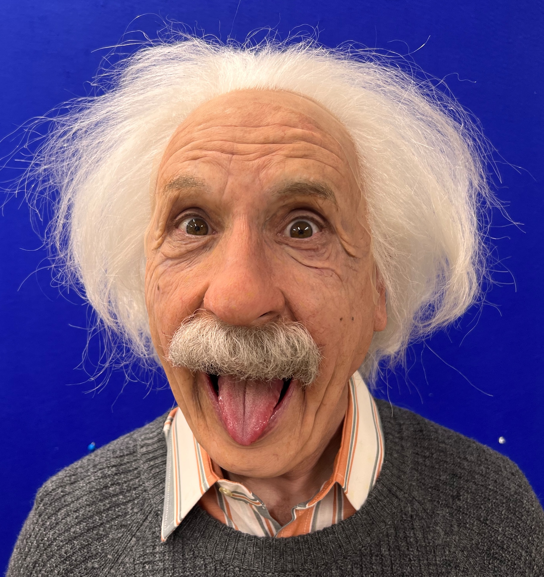 An eccentric character with wild white hair and a mustache sticks out his tongue playfully. He wears a gray sweater over a striped collared shirt, standing against a bright blue background.