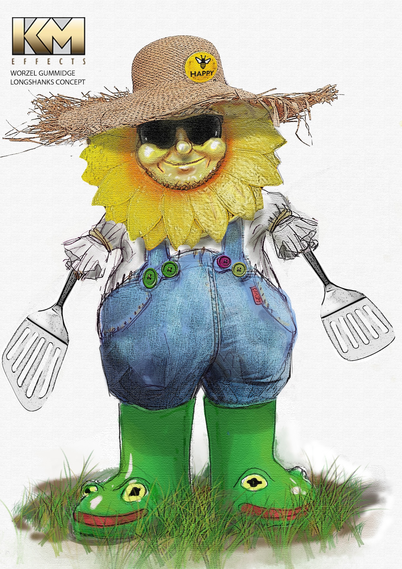 A cheerful scarecrow with a sunflower face, straw hat, sunglasses, denim overalls, green frog boots, and spatulas for hands stands on grass. The image is labeled KM Effects Worzel Gummidge Longshanks Concept Design.