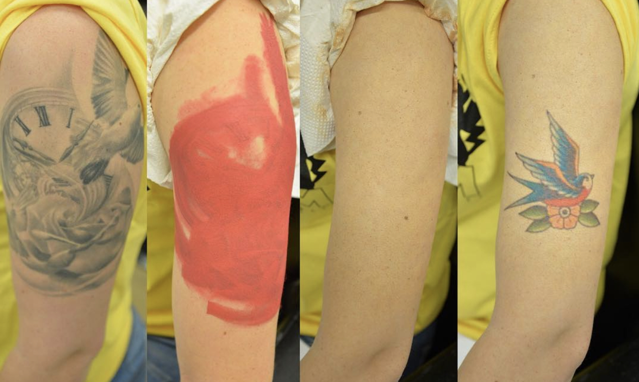 Four photos show stages of tattoo cover-up on an arm: a black and white clock tattoo, a Tattoo Transfer with red ink cover-up layer, the arm with no visible tattoo, and a new colorful bird and flower tattoo.