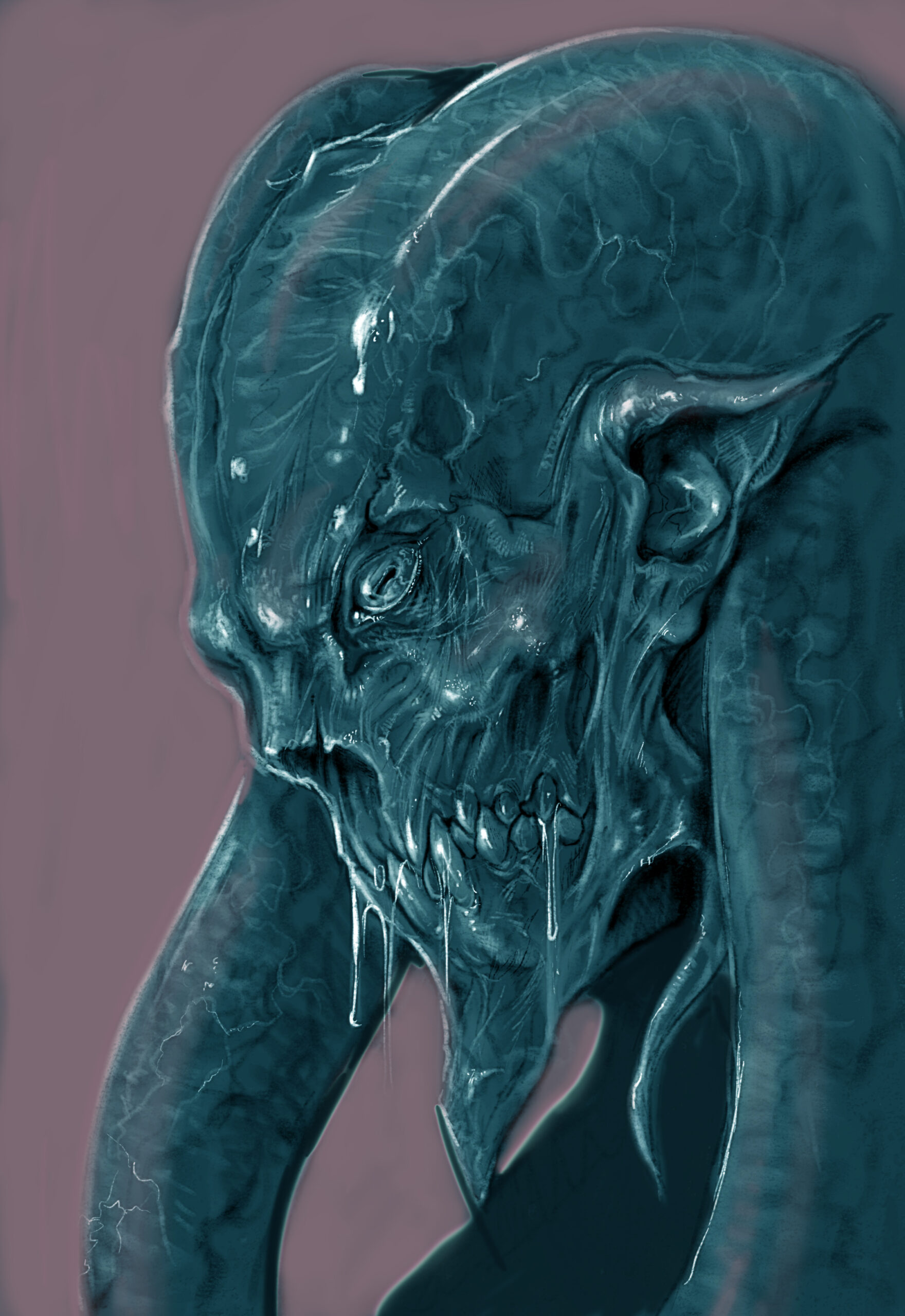 A concept design digital painting of a monstrous creature with blue-green, slimy skin, sharp fangs, pointed ears, and drool dripping from its mouth. Its elongated, ridged head and menacing, snarling expression add to its terrifying presence.