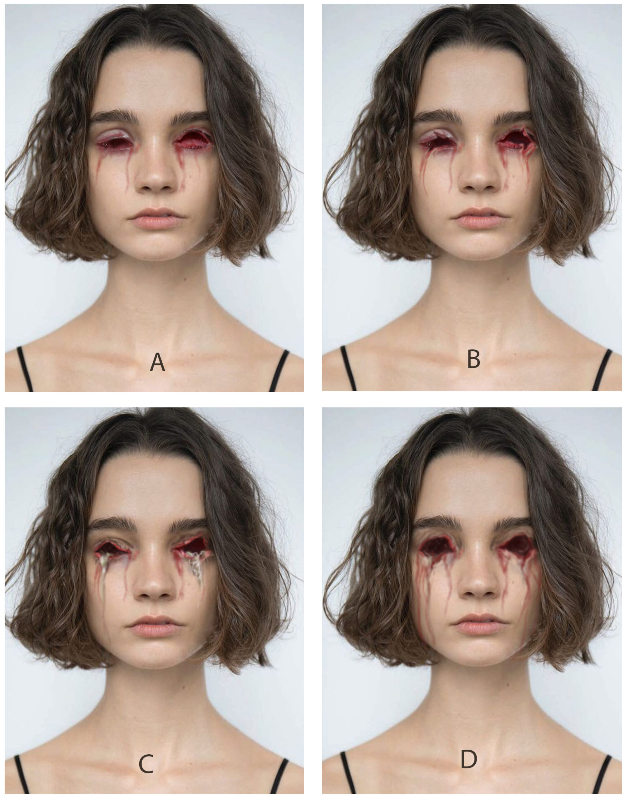 A concept design series of four portraits features a person with shoulder-length brown hair, each displaying red and black makeup resembling tears streaming from their eyes. Each image is labeled A, B, C, or D.