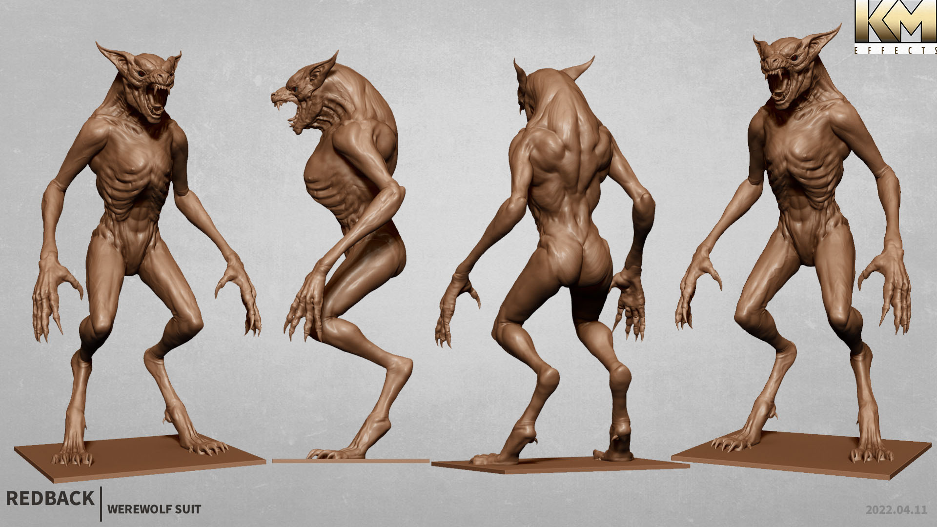 Four angles of a detailed, brown werewolf suit sculpture with elongated limbs and clawed hands showcase a snarling wolf-like head, highlighting expert concept design, displayed on bases against a neutral background.