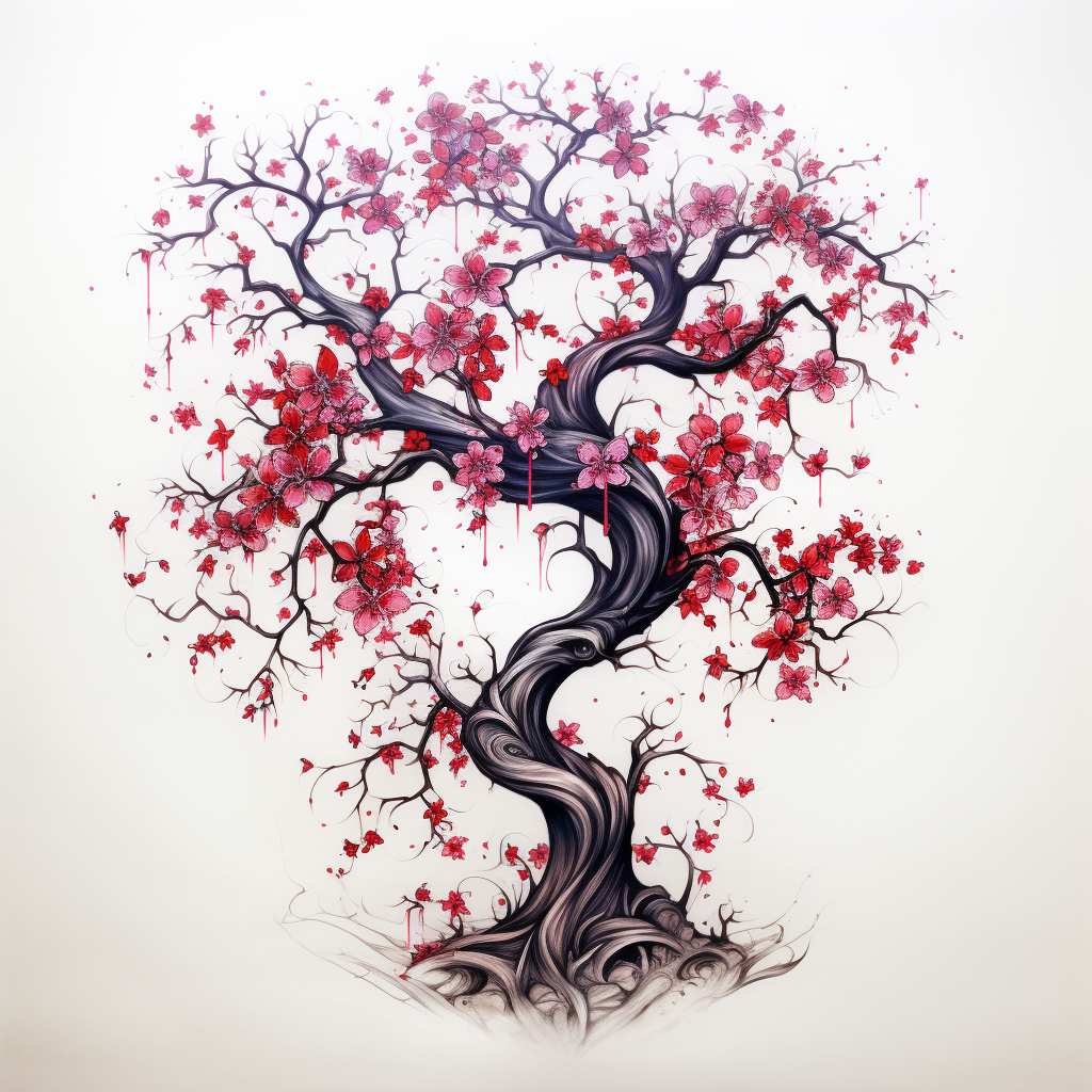 A stylized tree with twisting dark branches and a sculpted trunk, adorned with bright red and pink blossoms, is set against a plain white background—perfect as a tattoo transfer design. Some petals and leaves appear to be falling gently.