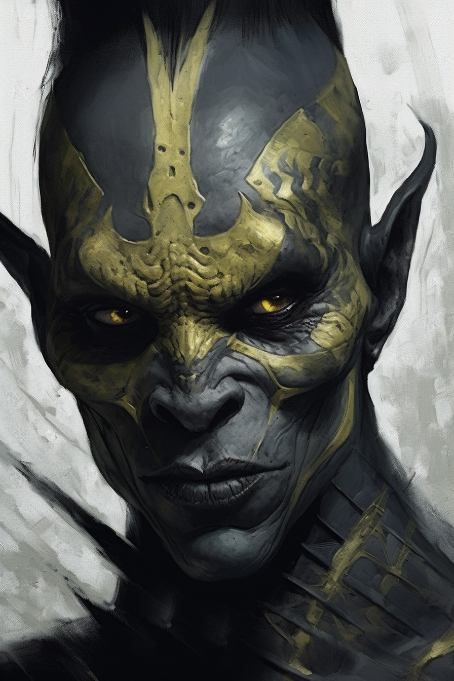 A fierce, fantasy humanoid Concept Design with gray skin, yellow glowing eyes, pointed ears, and intricate yellow markings on its face stares intensely forward. The background is abstract and muted.