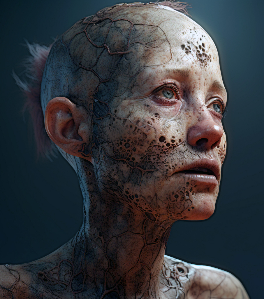 A realistic digital concept design featuring a bald person with pale, textured skin covered in dark, vein-like and hole-filled patterns, looking off into the distance with a serious expression against a dark blue background.