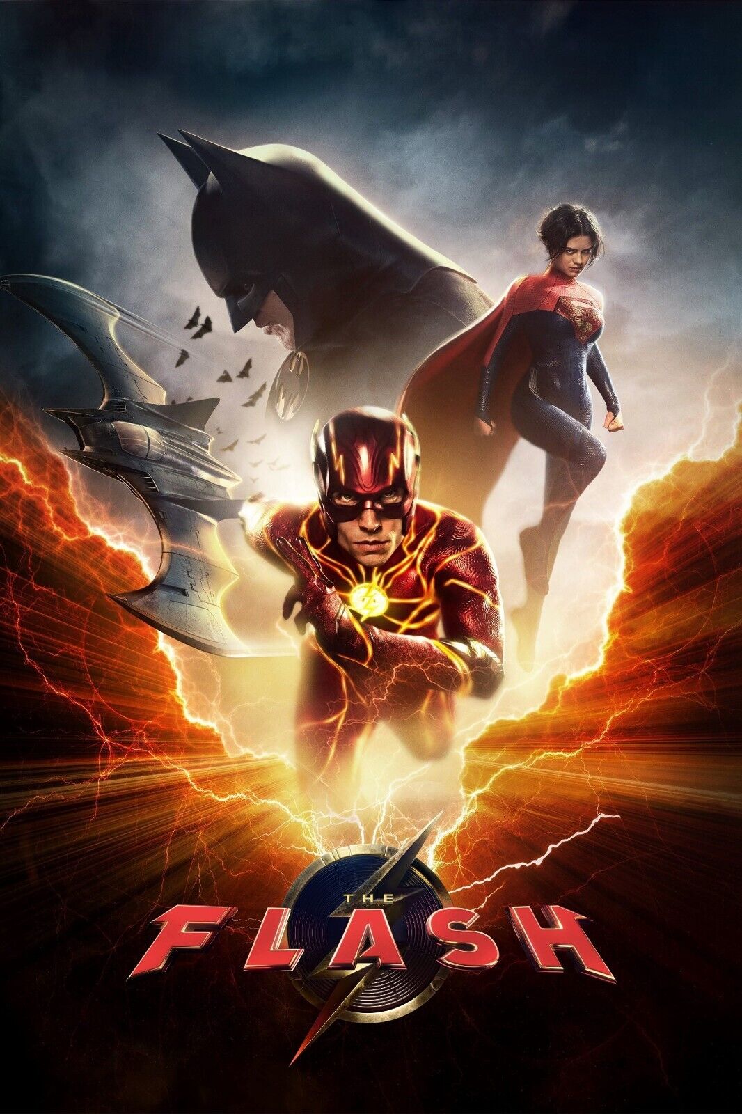 The movie poster for The Flash, with KM Effects, features The Flash running forward with lightning around him, Batman in the background, and Supergirl hovering above. The title The Flash is displayed at the bottom with a lightning bolt.
