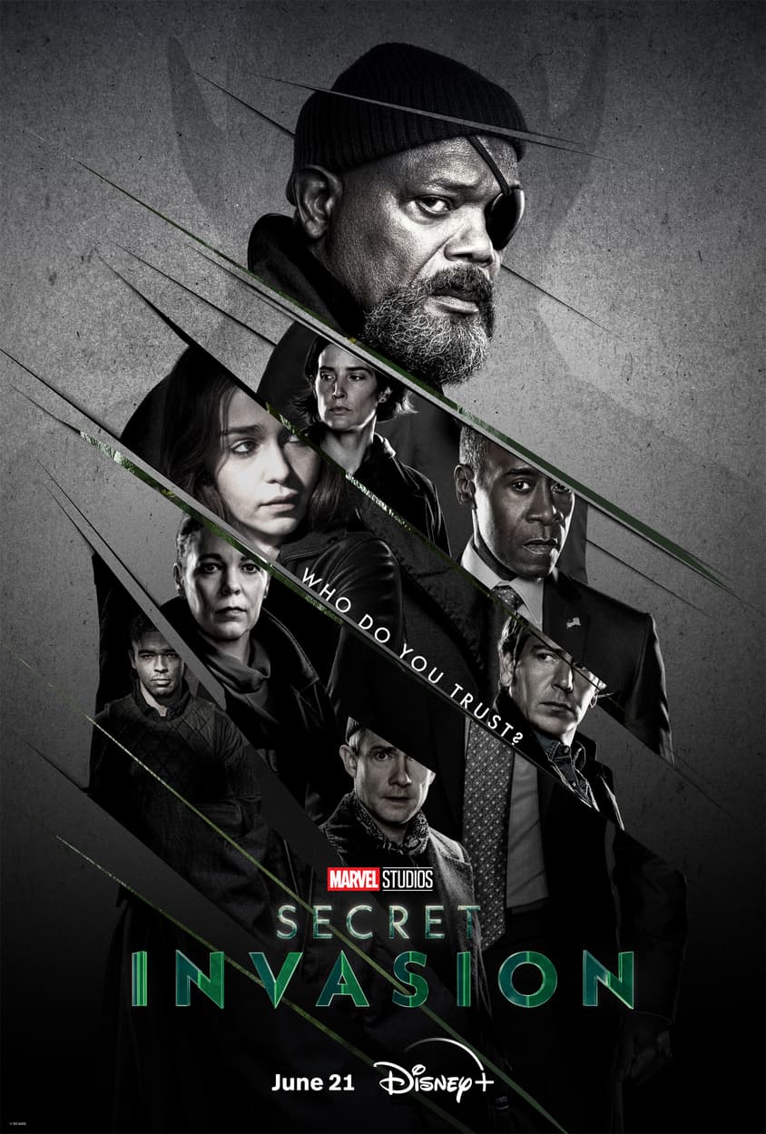 Poster for Marvel Studios’ Secret Invasion, featuring KM Effects with a man in an eyepatch above serious characters, all shattered by claw marks. Text reads Who do you trust? and Secret Invasion, premiering June 21 on Disney+.