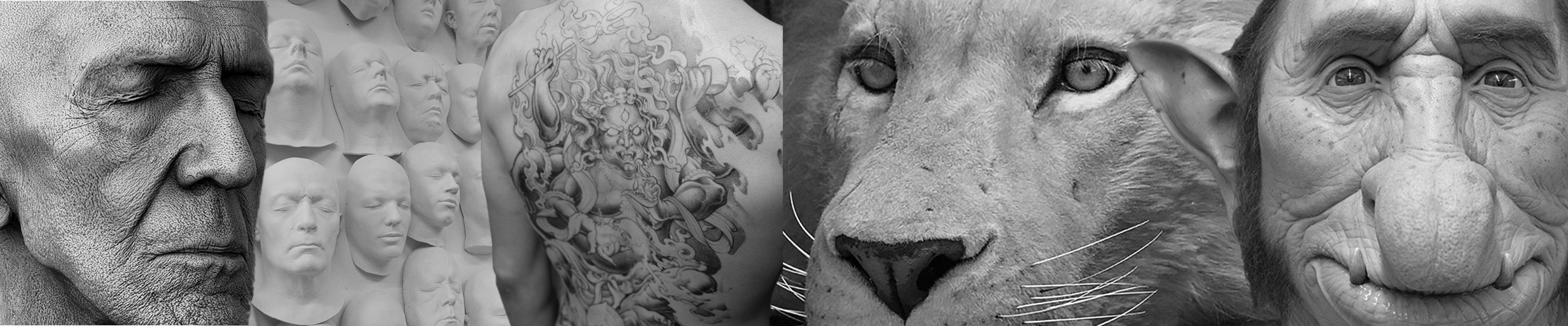A grayscale collage showcasing Props & SFX Services for Film & TV: a realistic elderly mans face, a wall of sculpted human faces, a tattooed back, close-up of a lions face, and a human-like ape face.